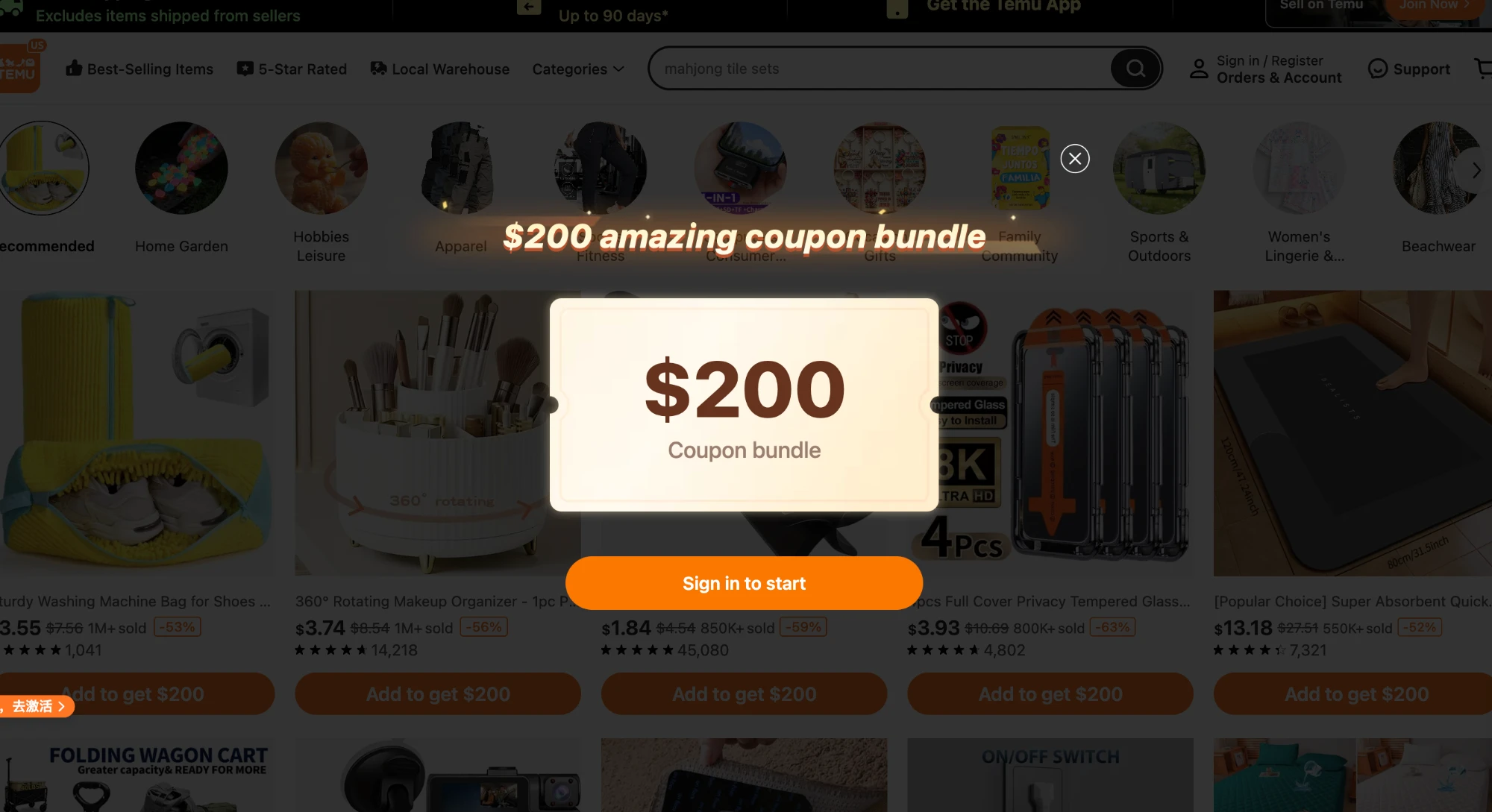 Temu desktop today: a $200 coupon bundle pop-up covers the page, with Add to get $200 buttons under every product