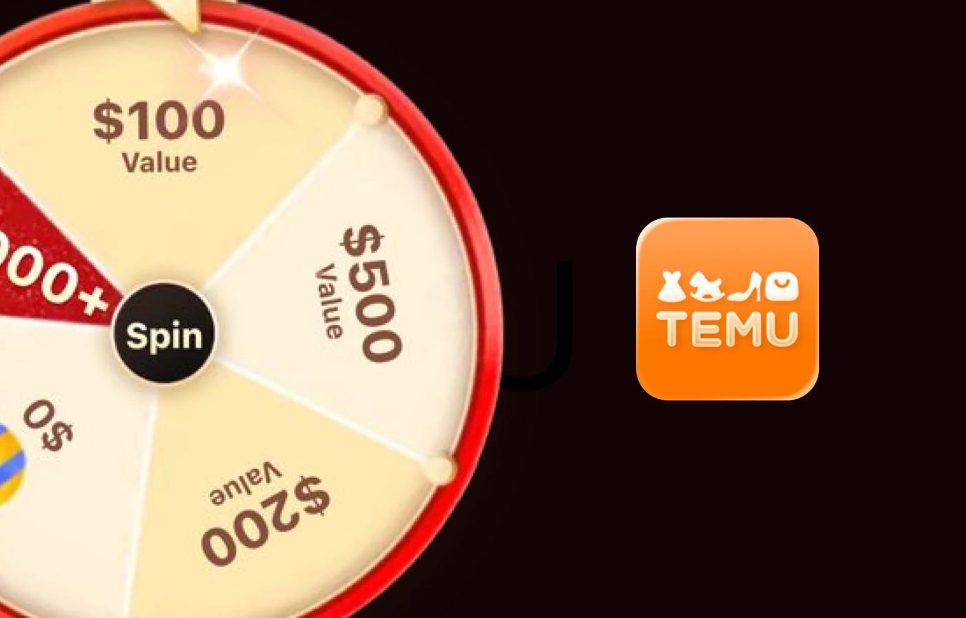 Temu's prize wheel next to the Temu app icon