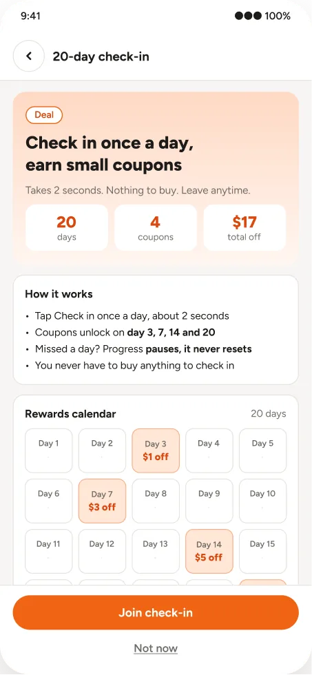 Check-in intro: 20 days, 4 coupons, $17 total, rules in plain words