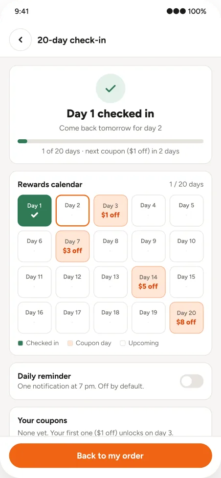 Day 1 checked in, with progress and a Leave check-in button