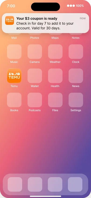 Home screen with the 7 pm reminder banner